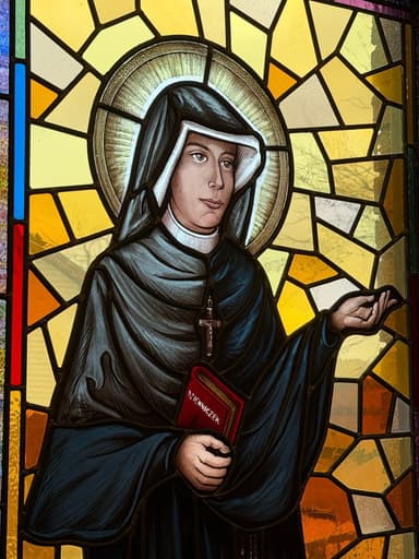 Stained glass window of St. Faustyna Kowalska holding her diary